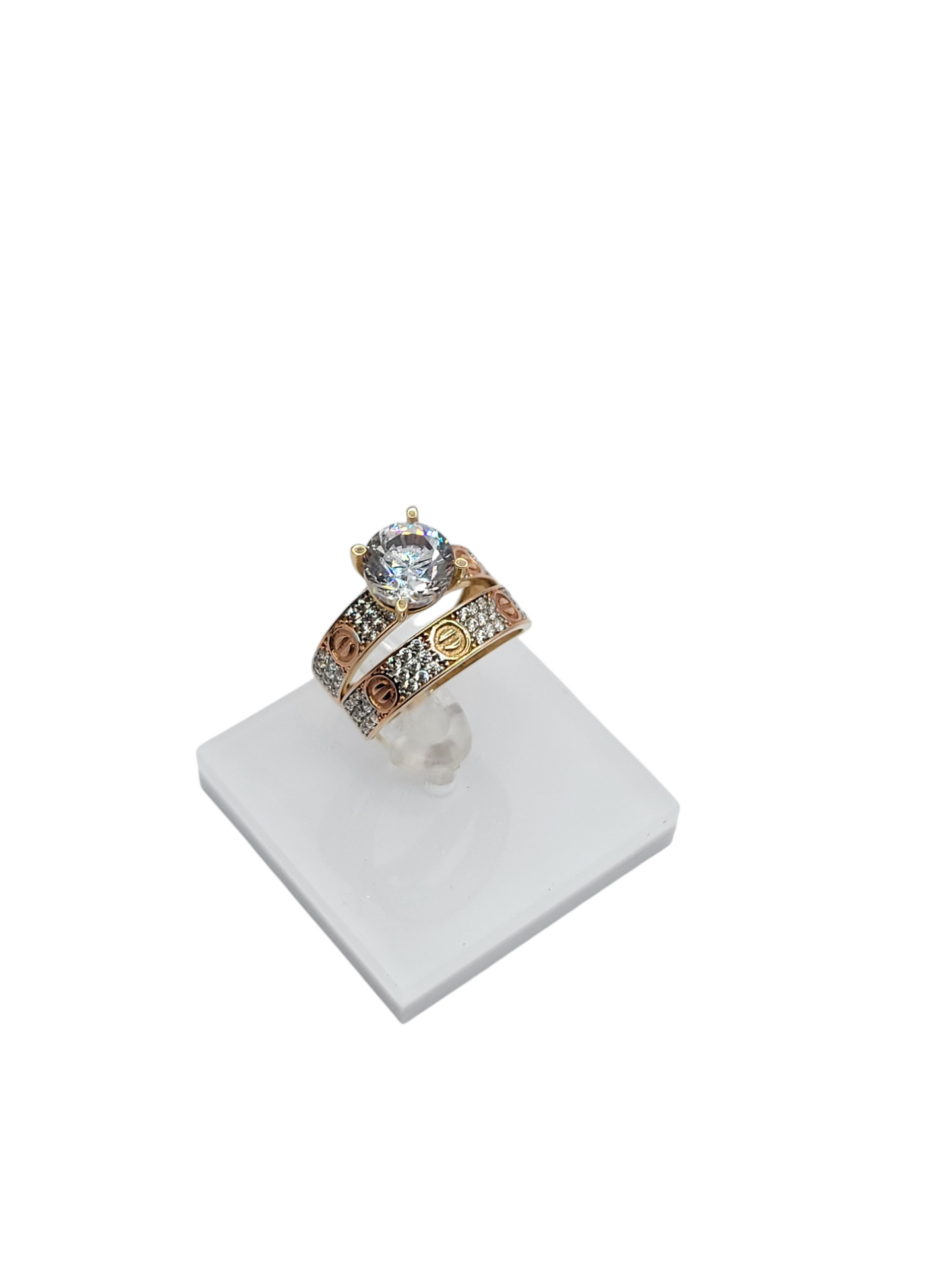10k gold wedding trio for him and her with CZ stones