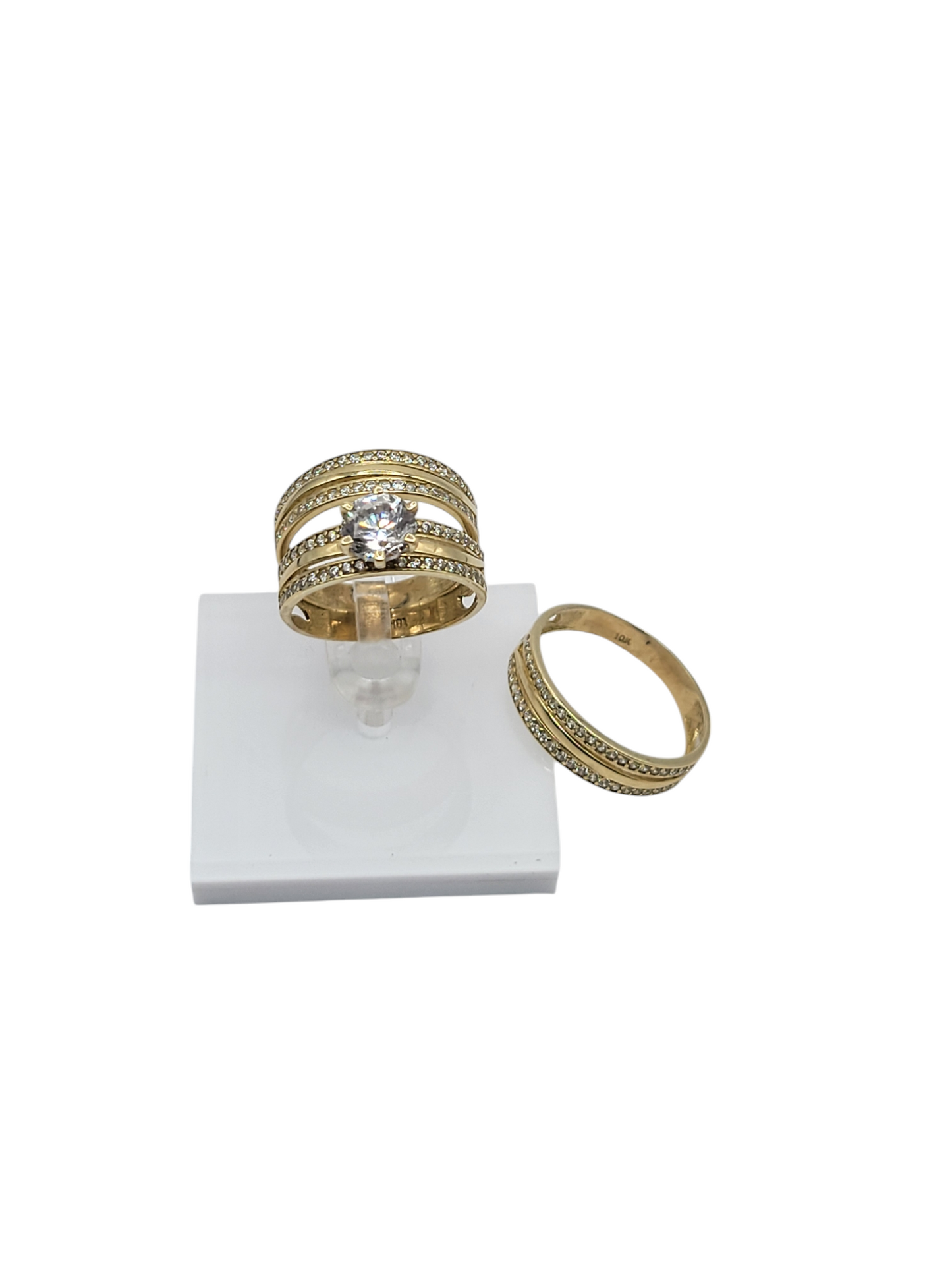 10k gold wedding trio for him and her with CZ stones