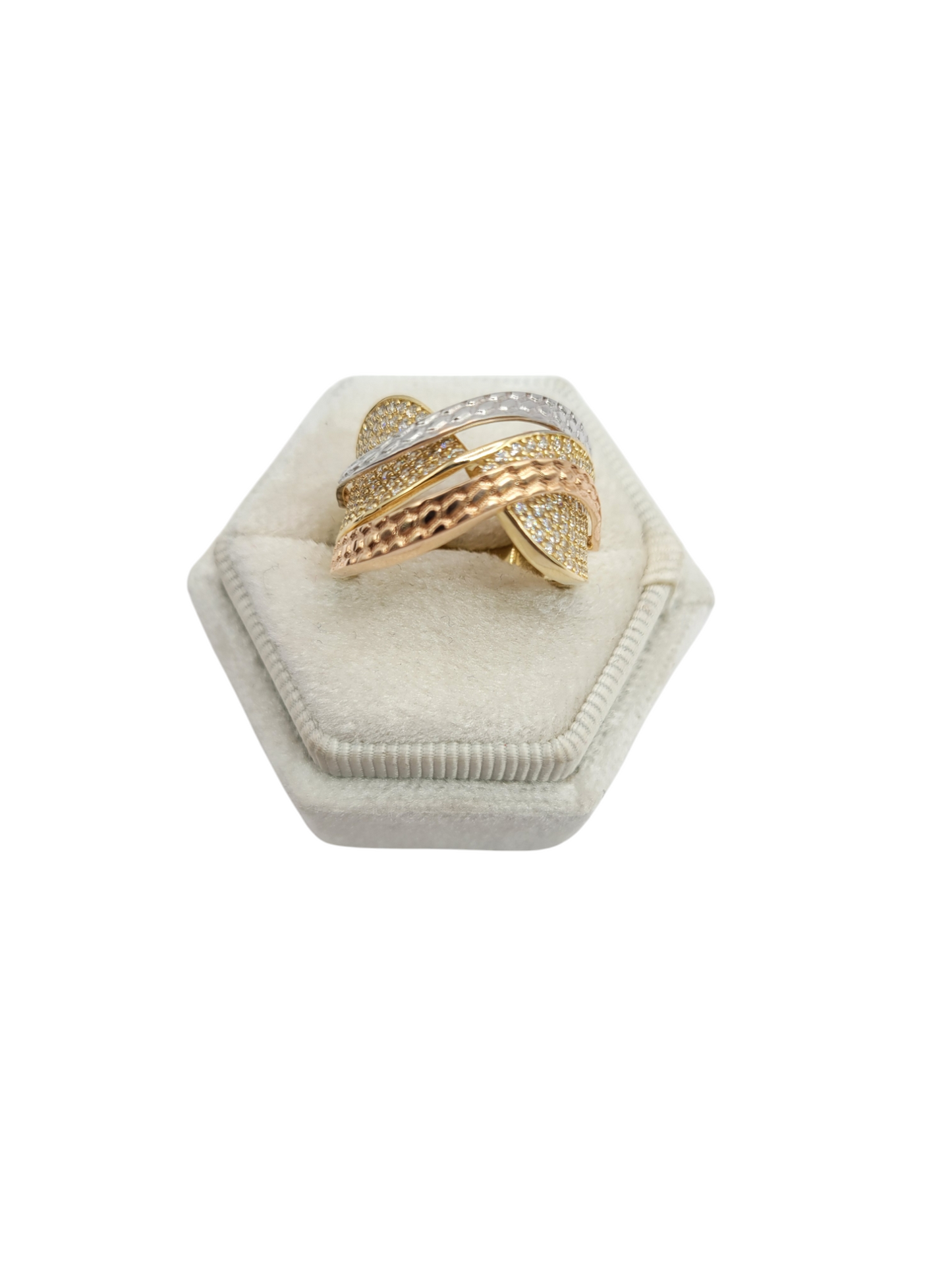 10K Gold Ring, Crossover Bow. Size 6.5 CZ stone