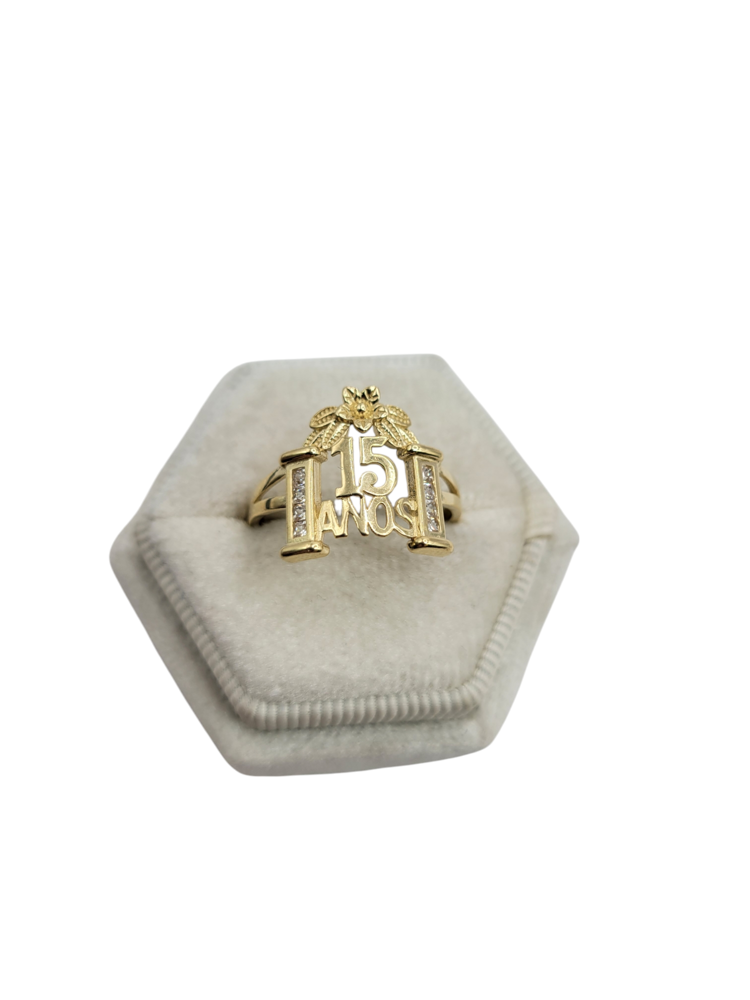 10K gold ring. 15 years flower. Size 8. CZ stone