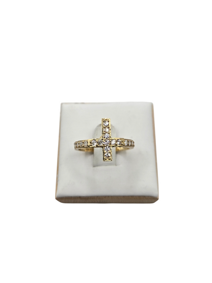 10K Golden Ring Cross Style, Size 6.5 CZ stones