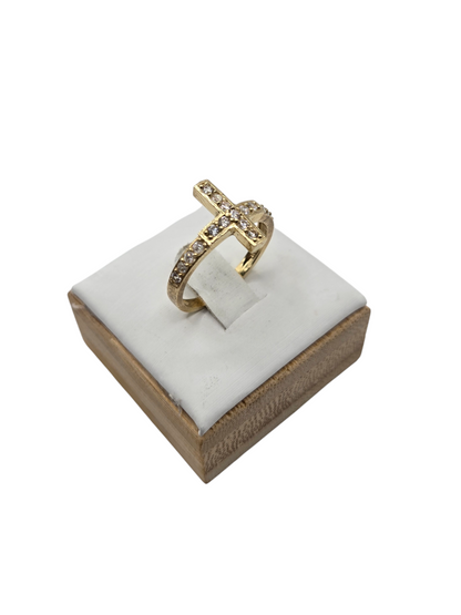 10K Golden Ring Cross Style, Size 6.5 CZ stones