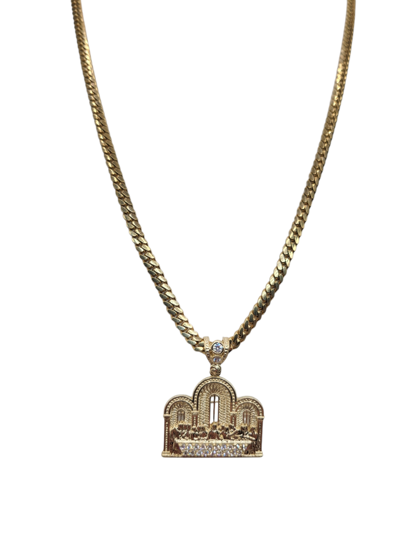 10K gold chain. Last Supper pendant. 22in 5in