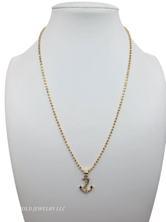 10K Gold Chain. Anchor Pendant. 18in 3mm