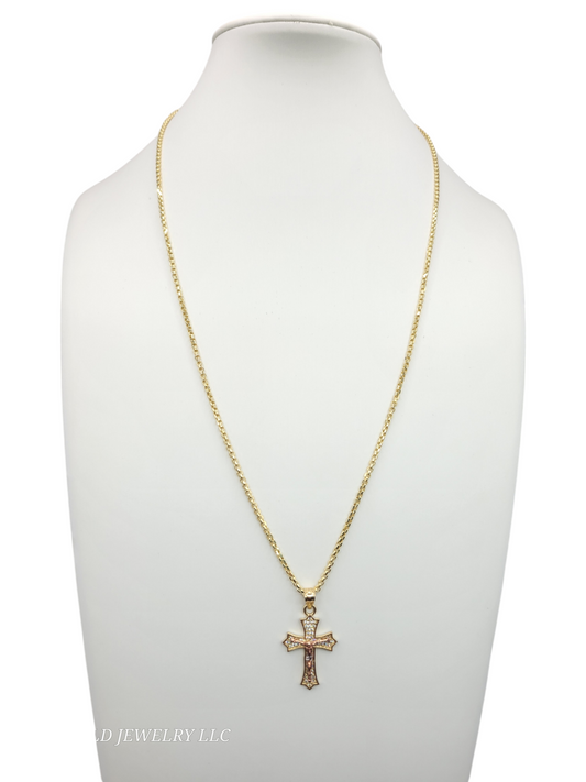 10K gold chain. Cross pendant with Jesus. 22in 2mm