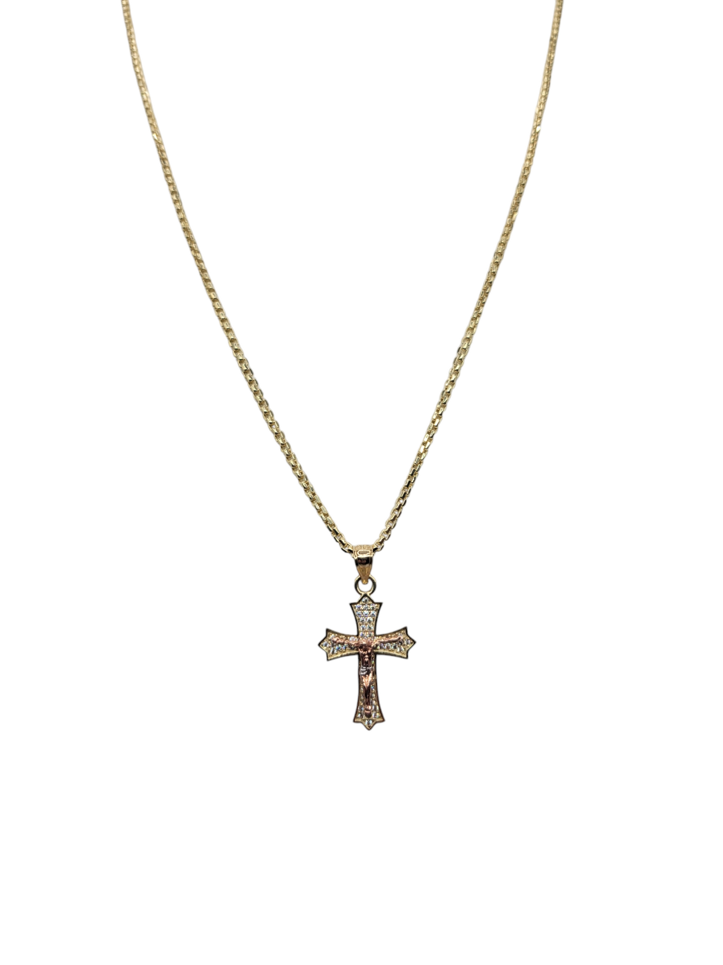 10K gold chain. Cross pendant with Jesus. 22in 2mm