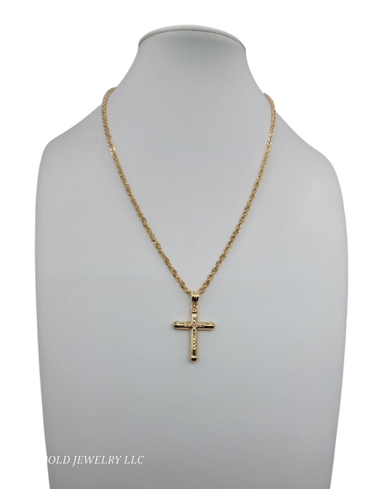 10K Gold Chain. Double Cross Pendant. 18in. 3.3mm