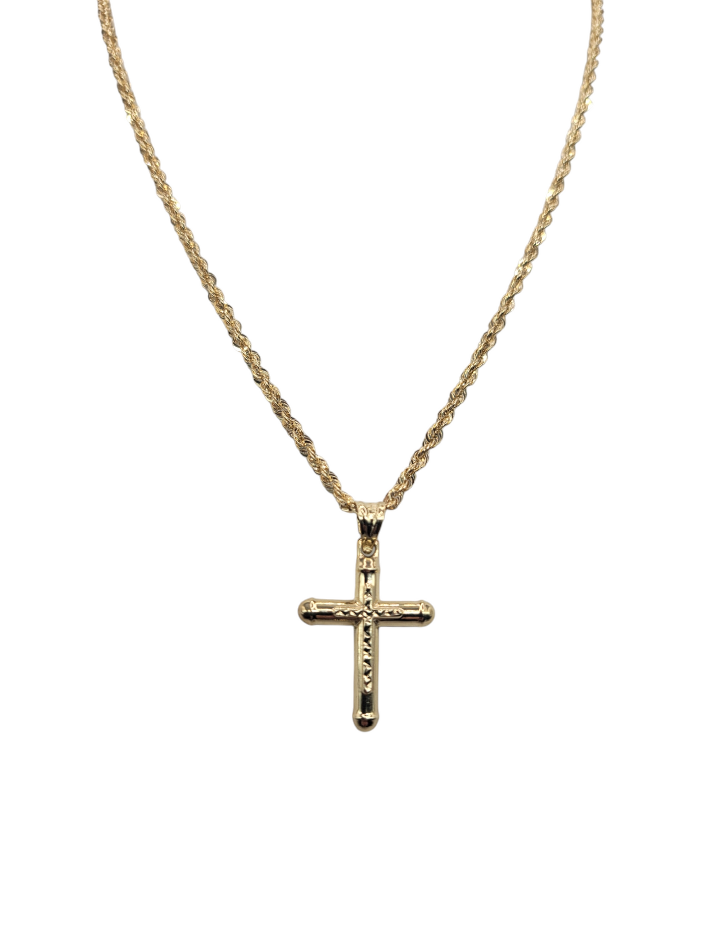 10K Gold Chain. Double Cross Pendant. 18in. 3.3mm