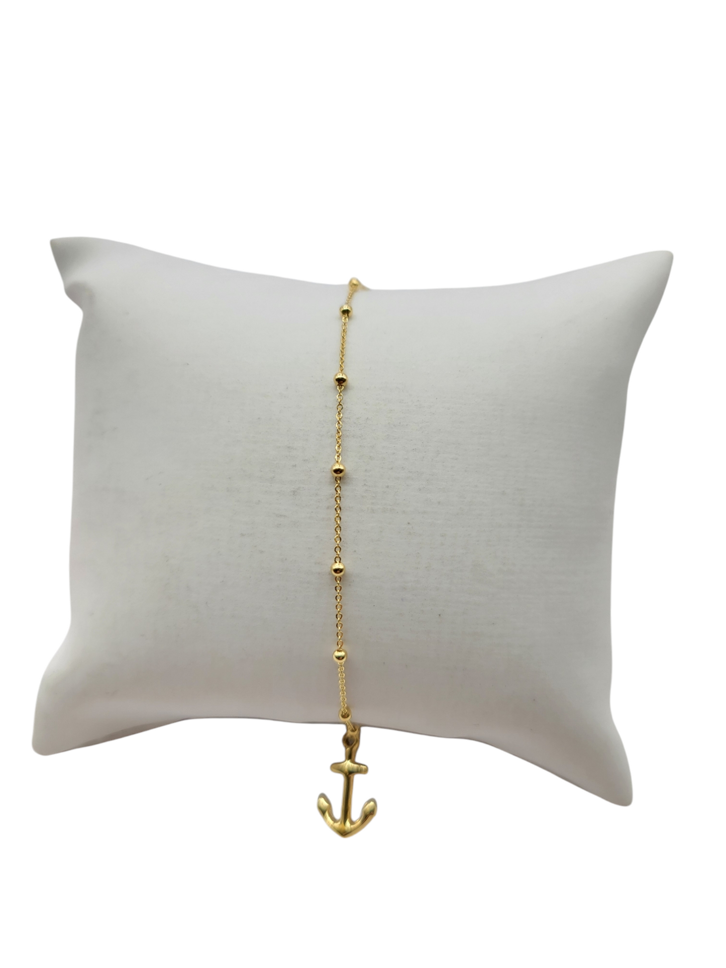 14K Gold Anklet . Anchor Pendant . 10.5in . 1mm.