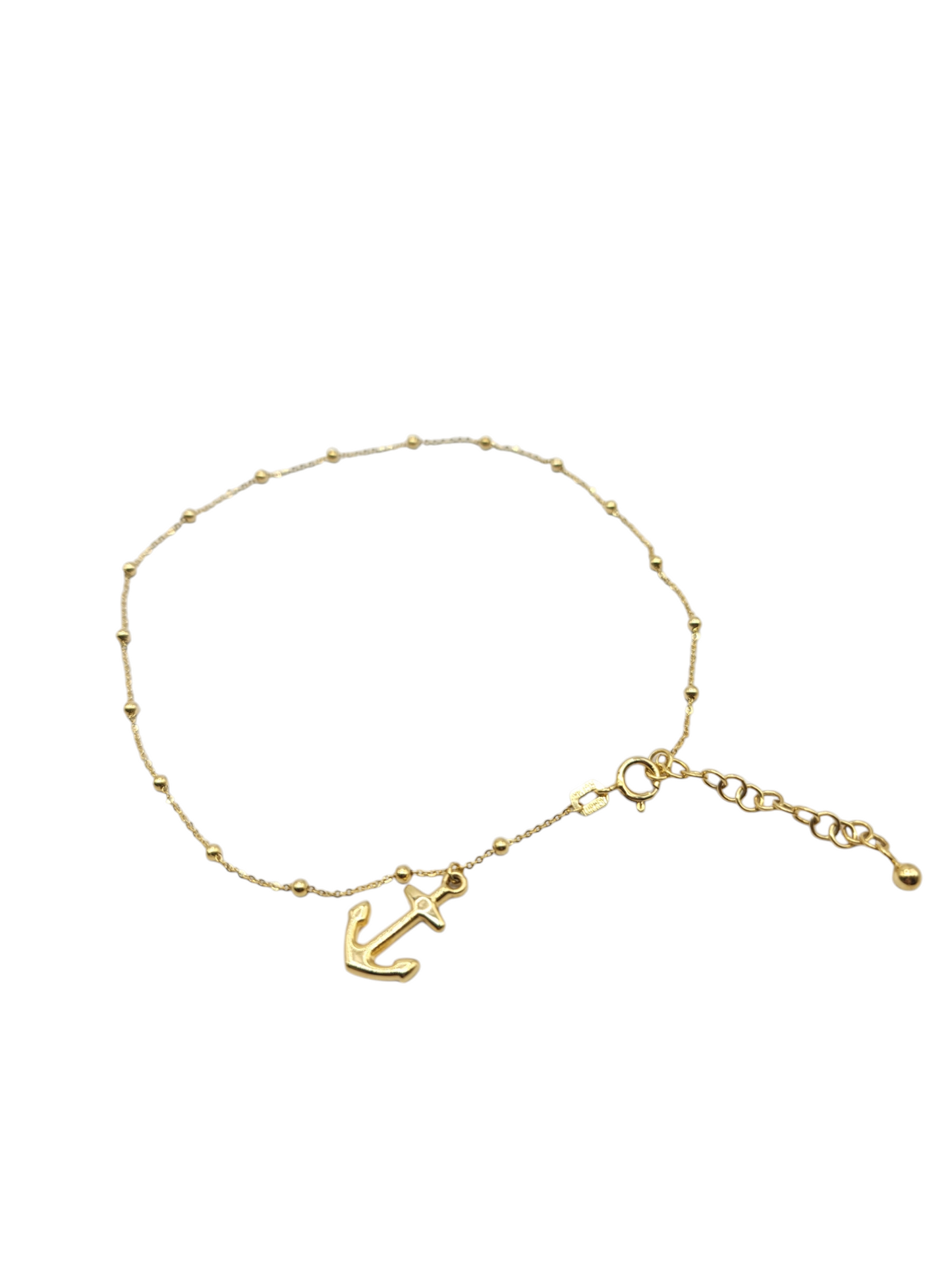 14K Gold Anklet . Anchor Pendant . 10.5in . 1mm.