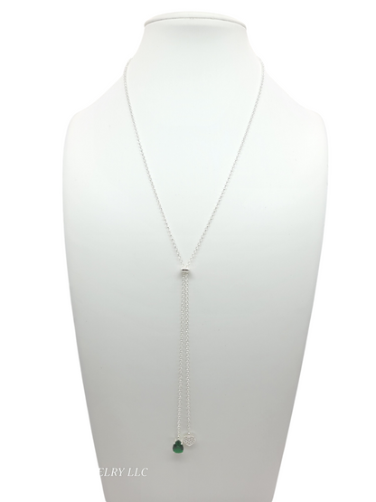 925 Sterling Silver Chain. Green CZ Stone Pendant. 26in 2mm