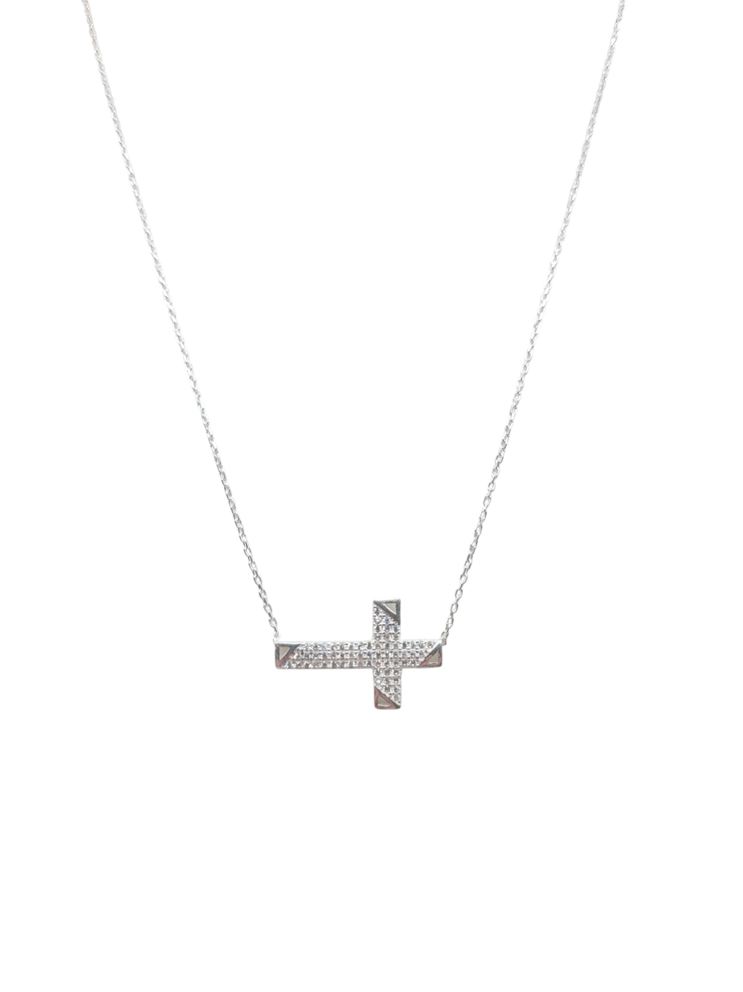 925 sterling silver chain. White CZ stone cross pendant. 19in. 1mm