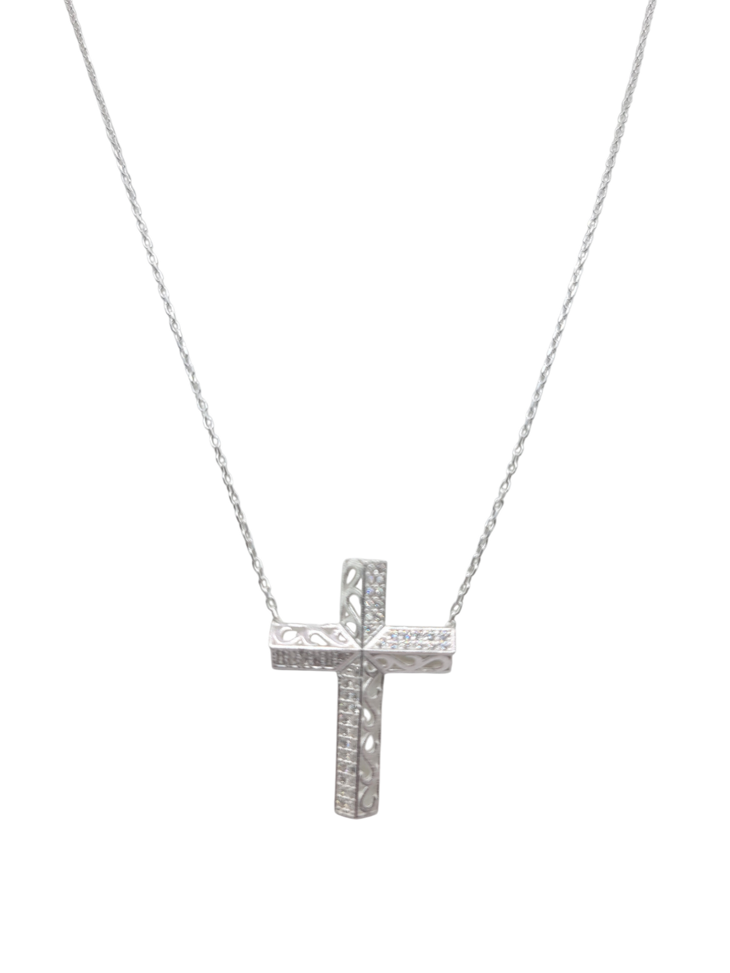 925 sterling silver chain. CZ stone cross pendant. 18in. 1mm.