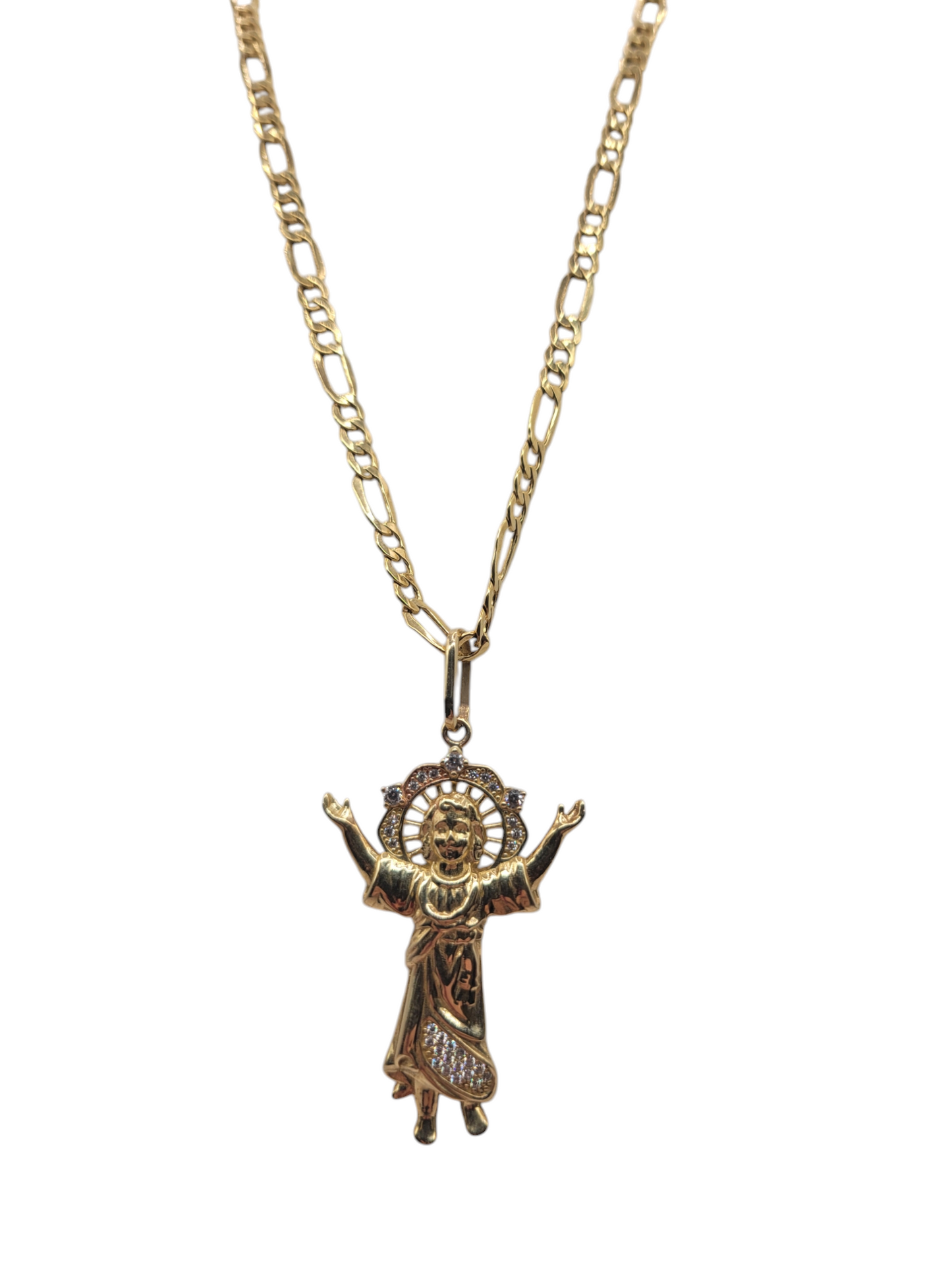 10K Gold Chain. Figaro Style. Baby Jesus Pendant. 24in. 5mm