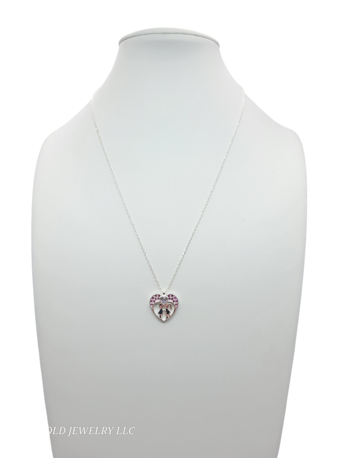 925 sterling silver chain. Pink heart pendant with children. 18in. 1mm.