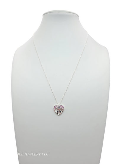 925 sterling silver chain. Pink heart pendant with children. 18in. 1mm.