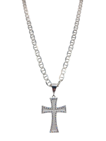 925 sterling silver chain. Embossed cross pendant. 24in. 6mm.