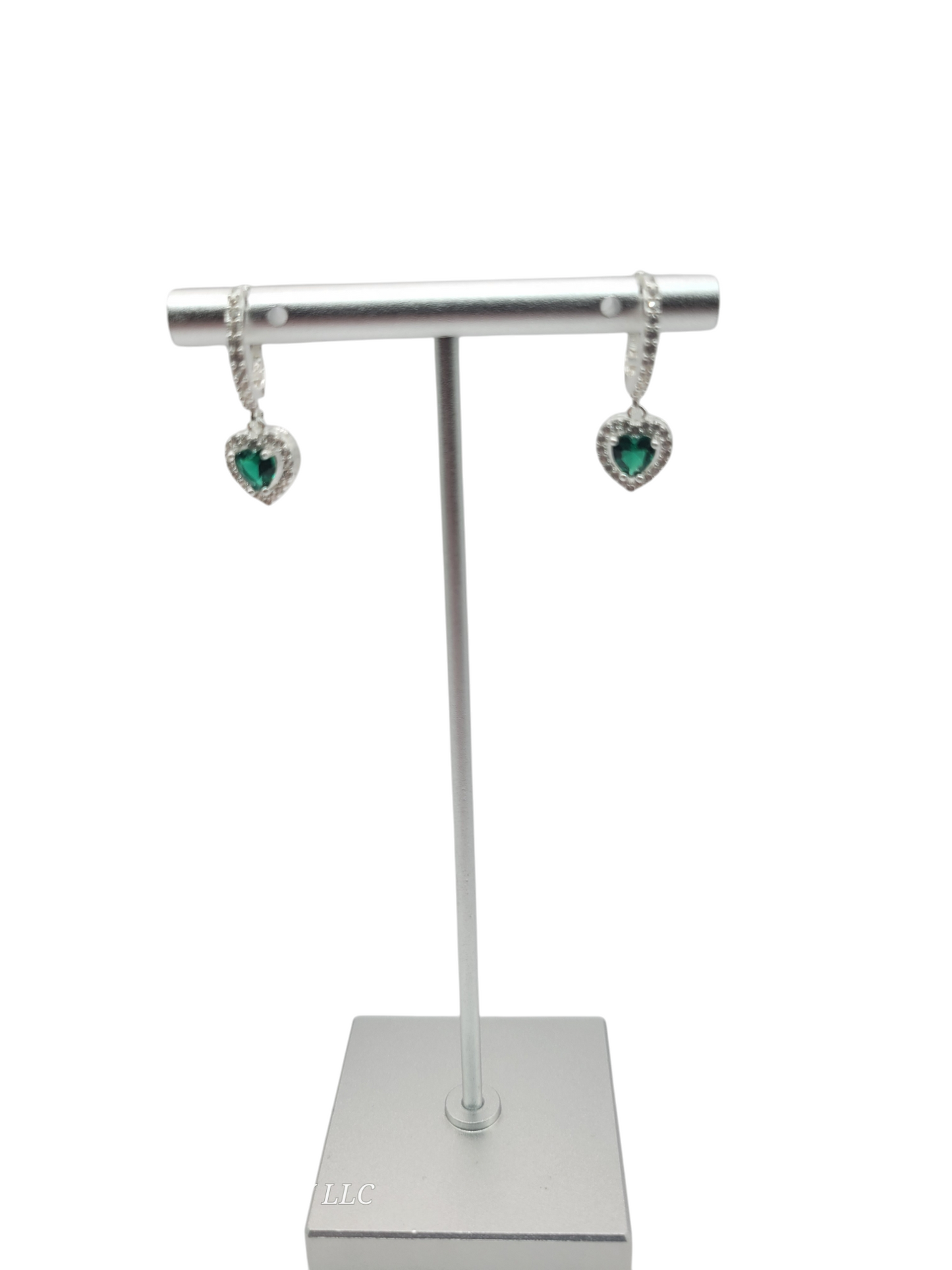 925 silver earrings. Heart pendant. Green CZ stone.