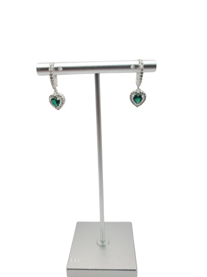 925 silver earrings. Heart pendant. Green CZ stone.
