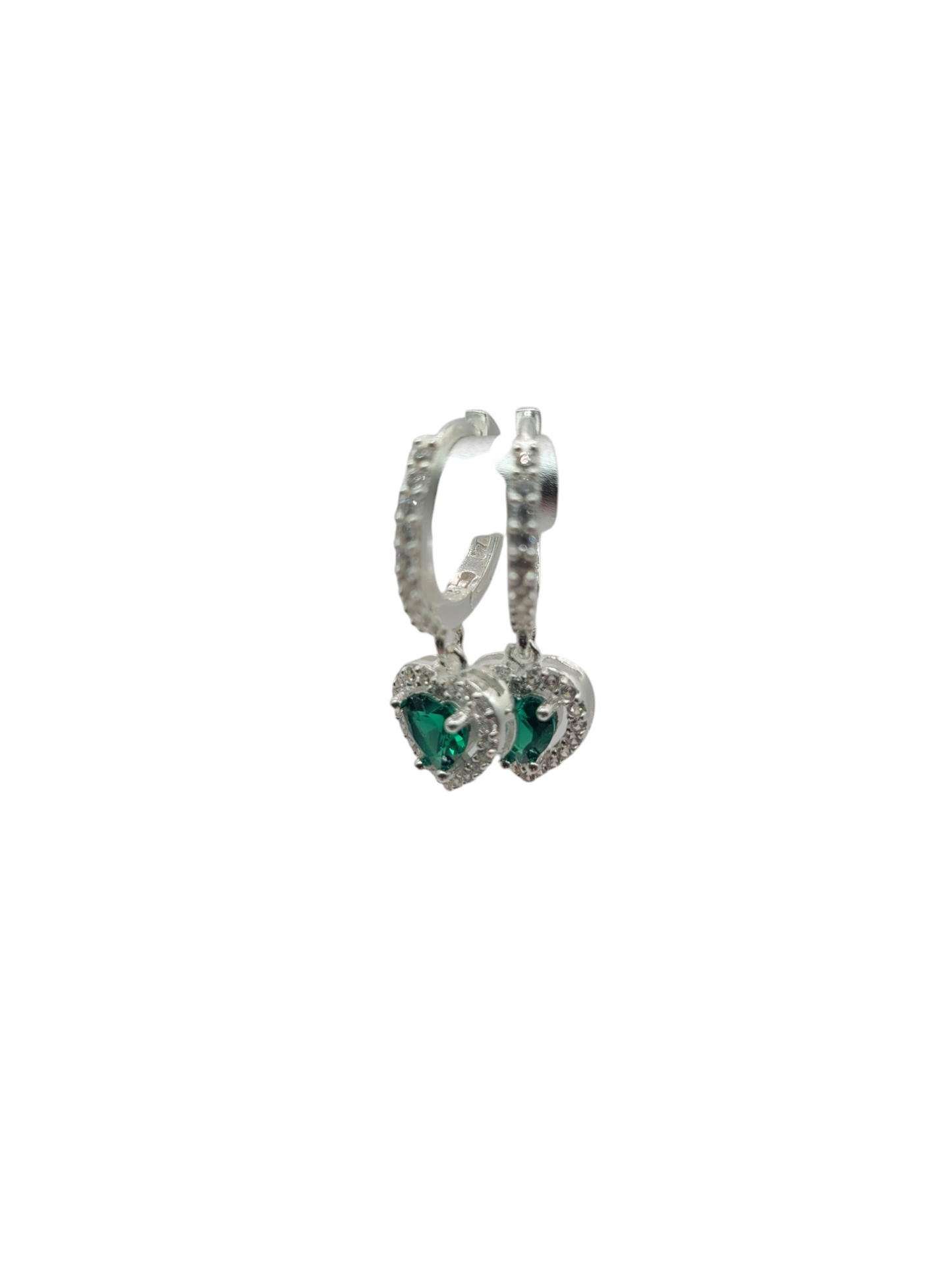 925 silver earrings. Heart pendant. Green CZ stone.