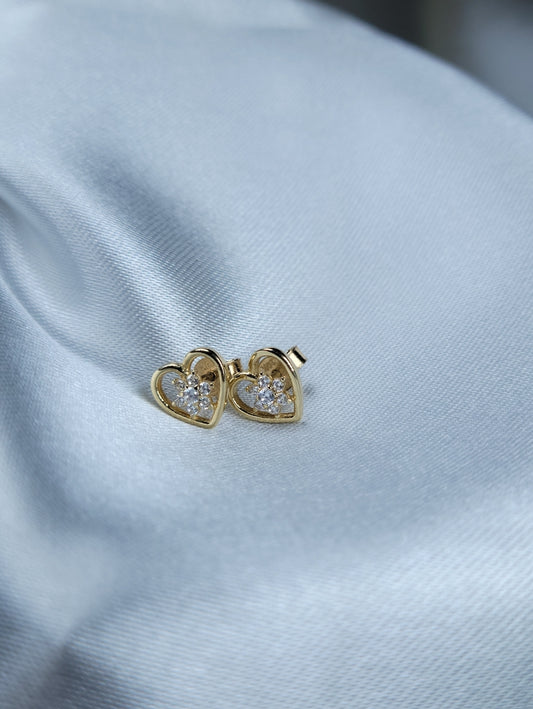 Heart earrings with central flower 10k real gold