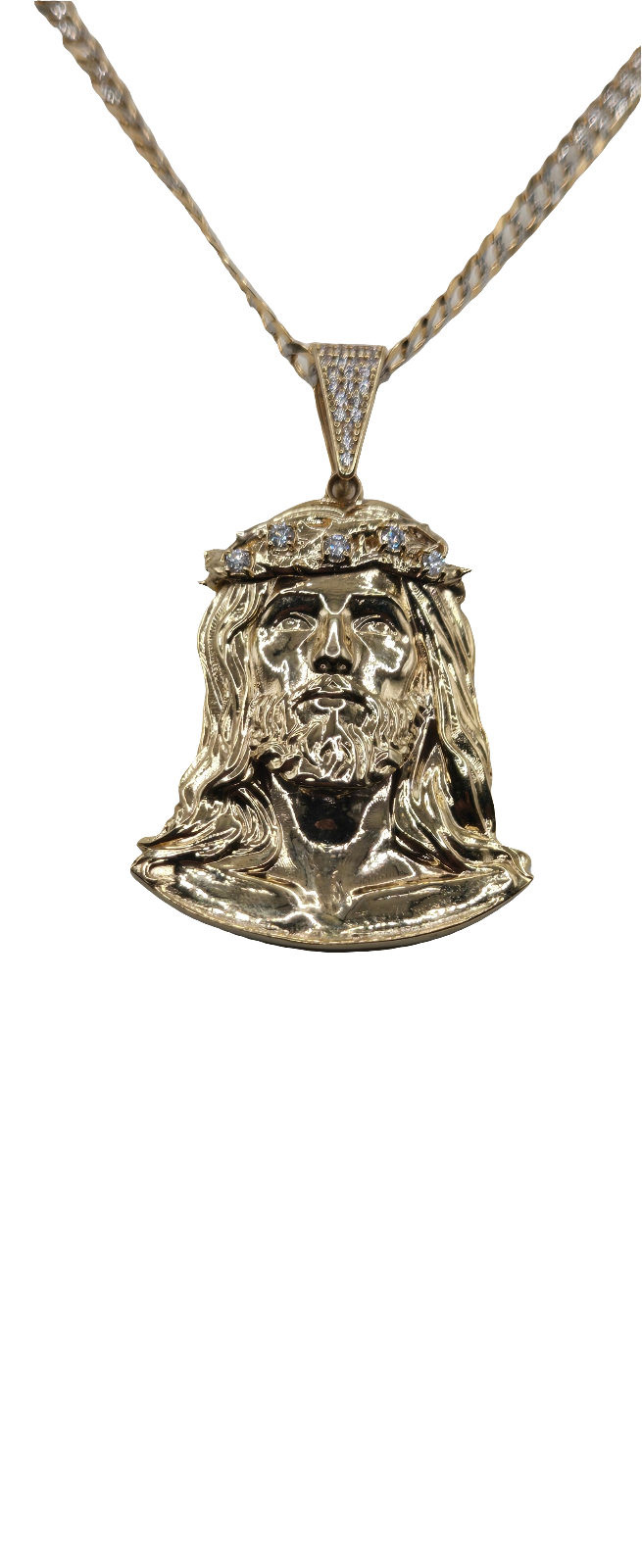 14K gold Cuban chain. Jesus pendant. 24in . 4mm