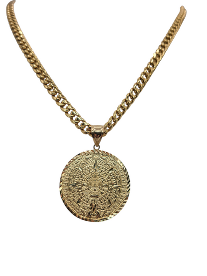 10K gold Cuban chain. Mayan calendar pendant. 22in . 6mm