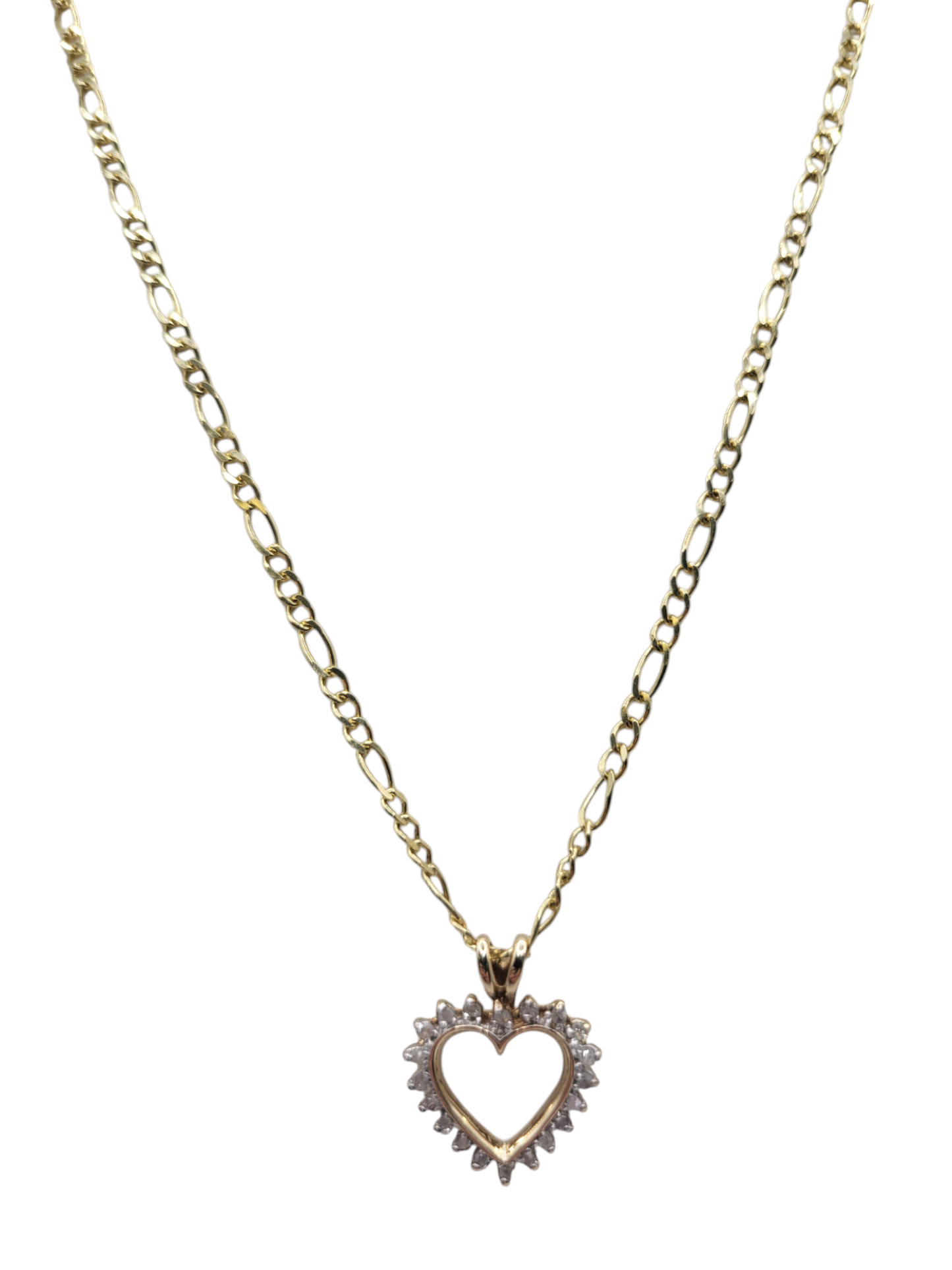 10K Gold Figaro Chain. Heart Pendant with CZ Stone. 22 inches (2.5 mm).