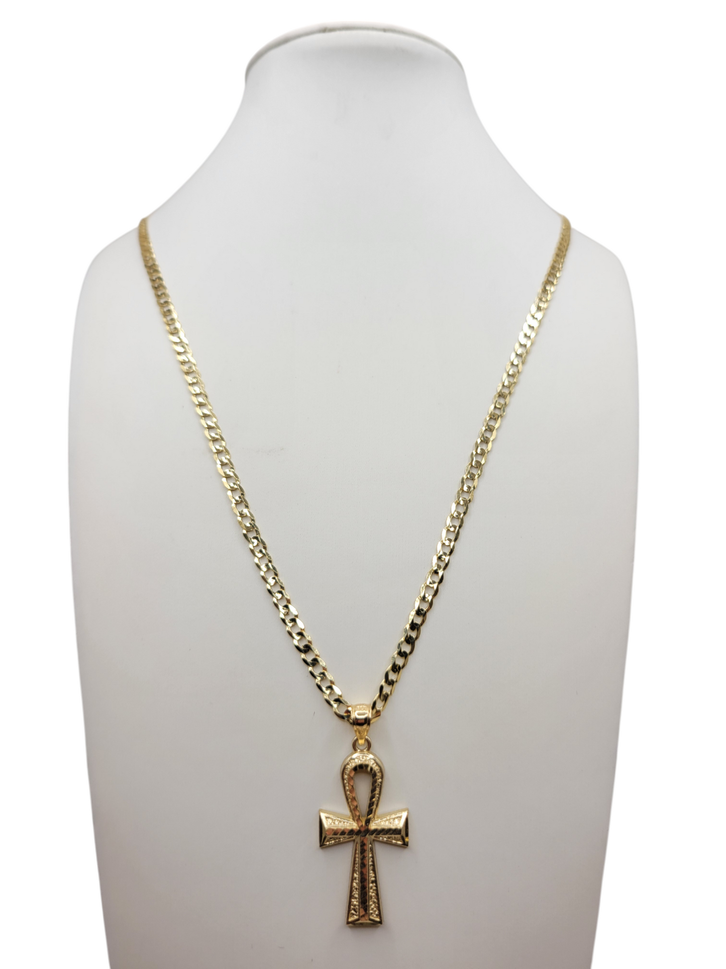 10K Gold Cuban Chain. Cross Pendant. 24in. 3mm