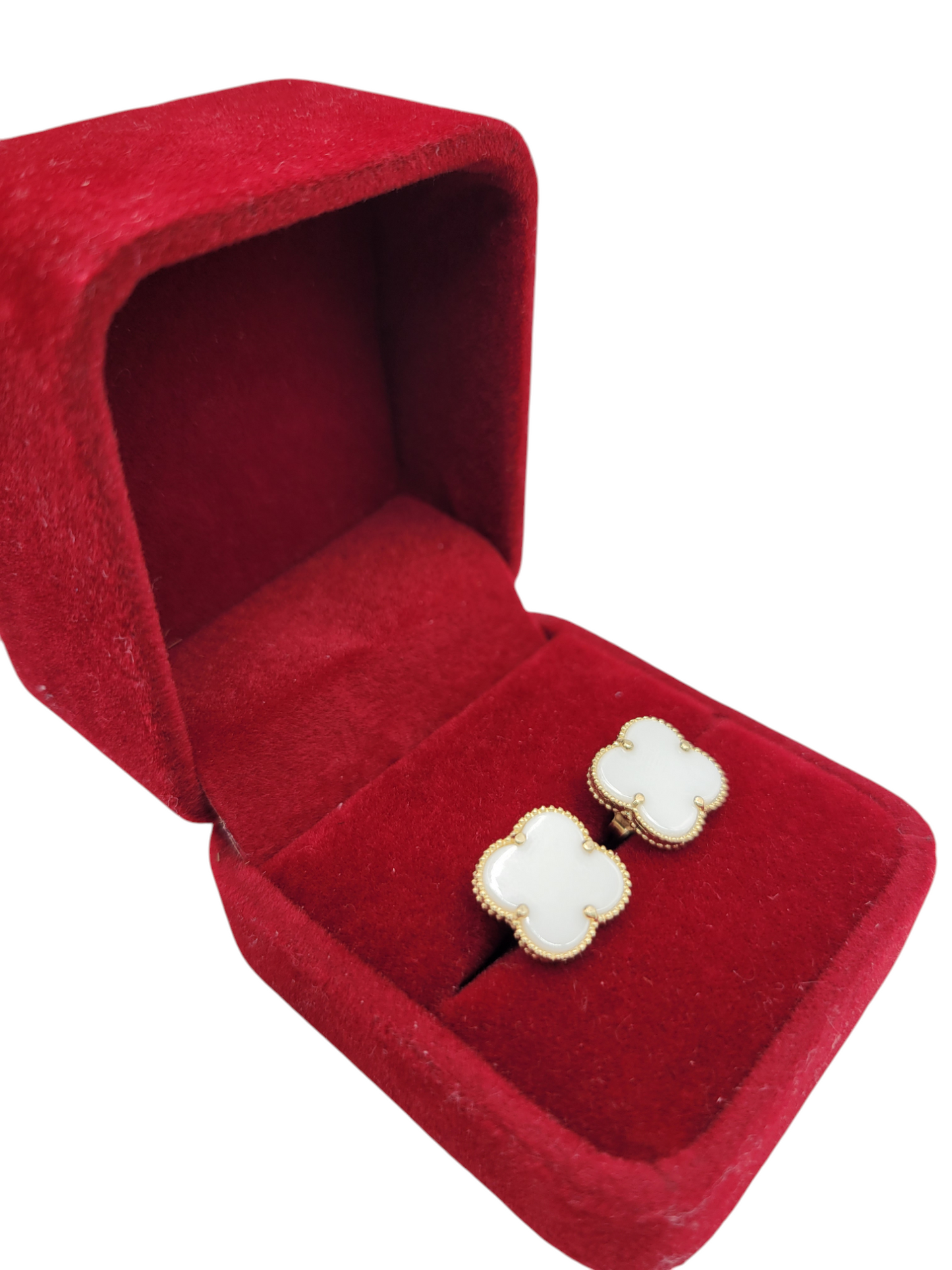 14K gold earrings. White 4-petal flower