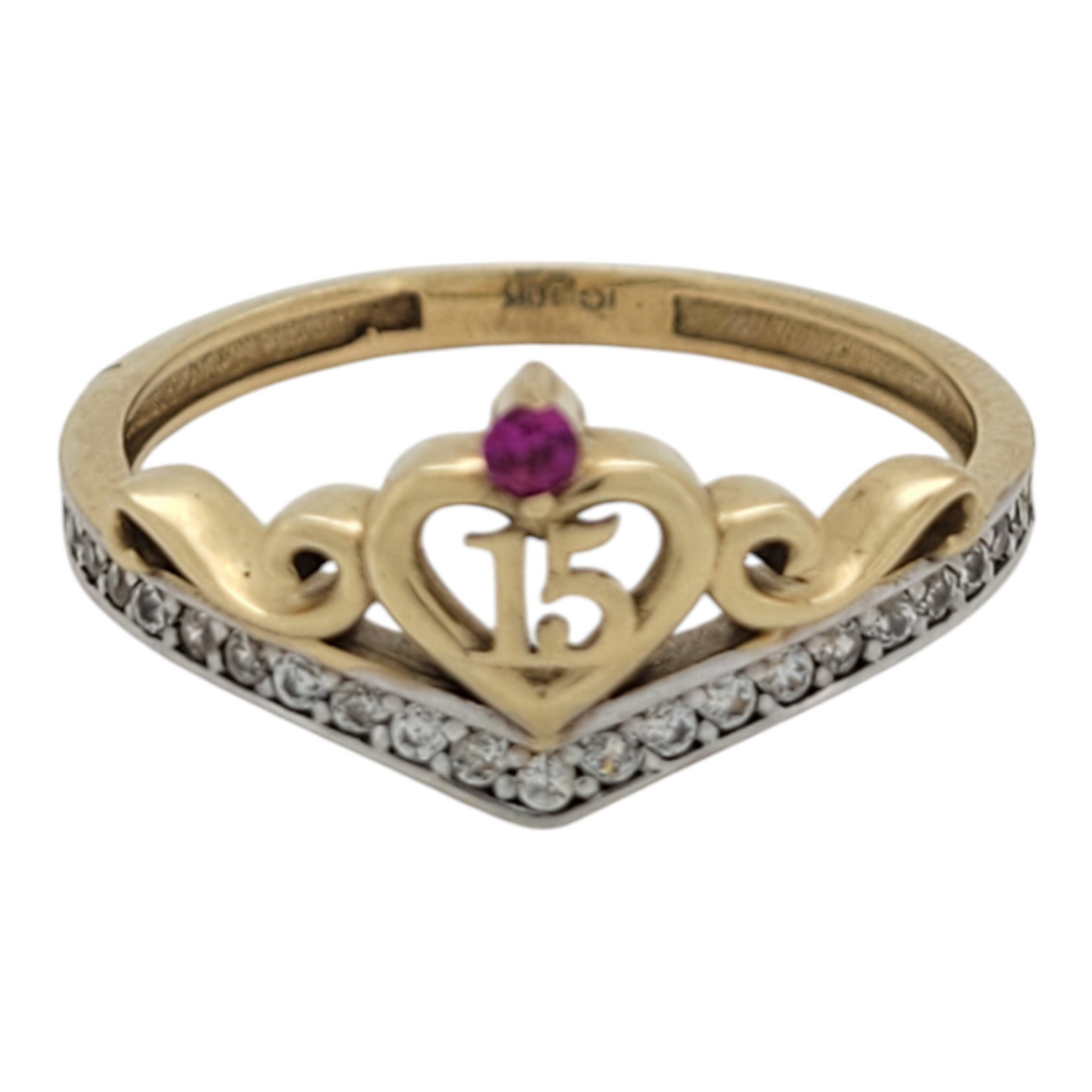 10K gold ring. Quinceañera. Heart with pink and white CZ stones. Size 6