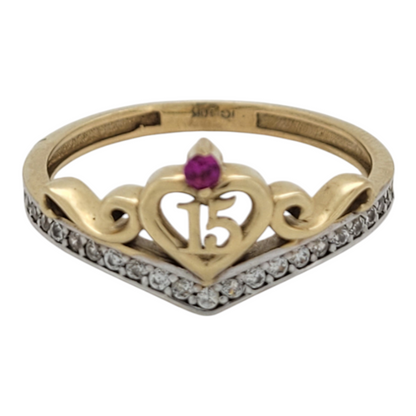 10K gold ring. Quinceañera. Heart with pink and white CZ stones. Size 6