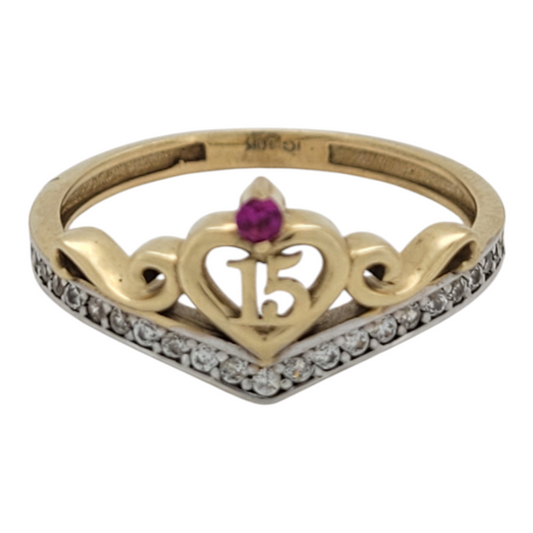 10K gold ring. Quinceañera. Heart with pink and white CZ stones. Size 6