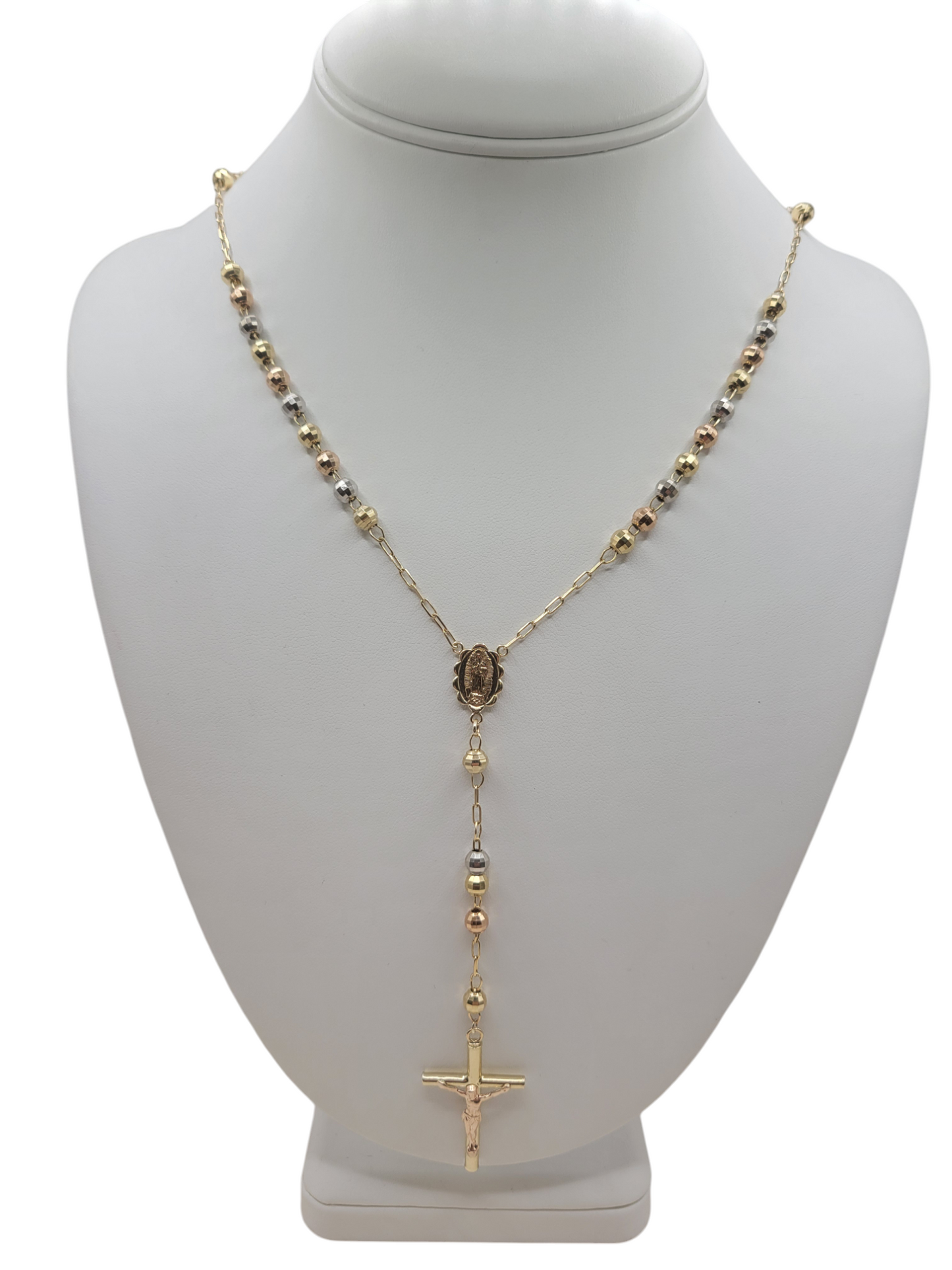 14K gold rosary, three colors. 36in . 2-4mm