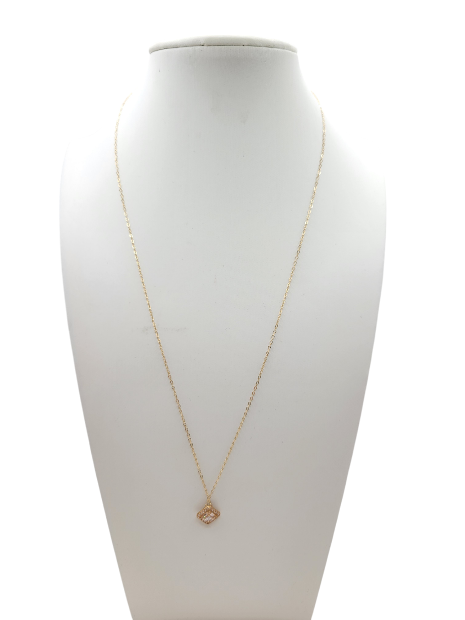 14K gold chain. With square pendant and CZ stone. 17 inches. 1 mm