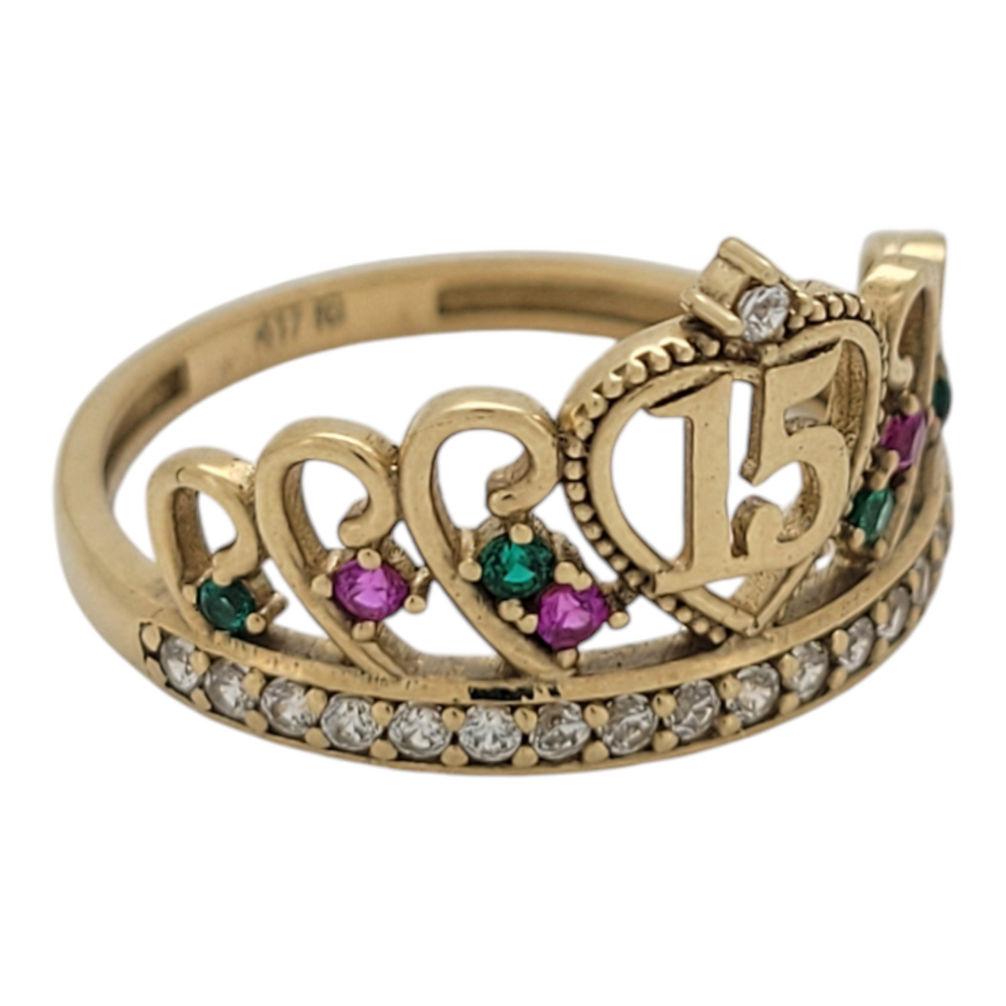 10K gold ring. Quinceañera. Crown with pink, green, and white CZ stones. Size 7