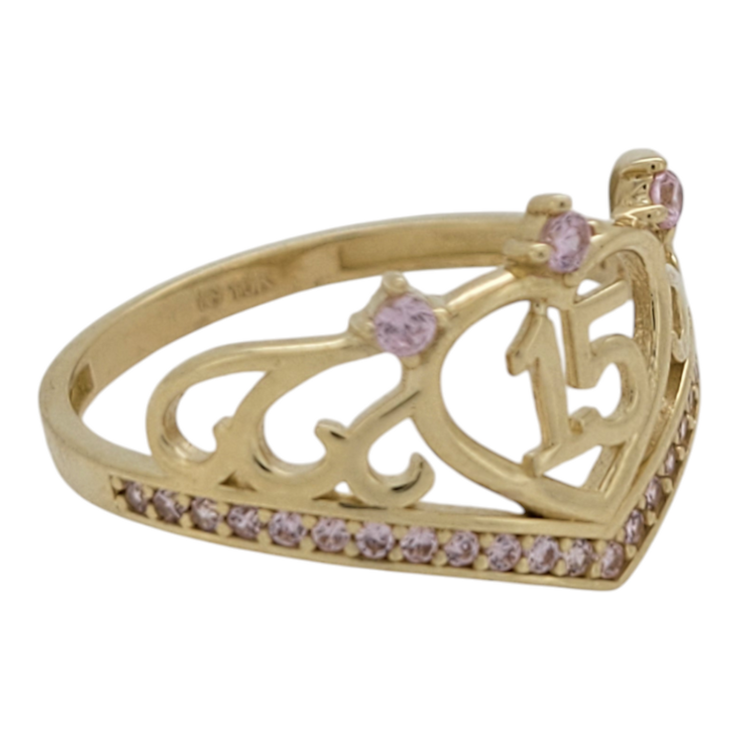 10K gold ring. Quinceañera ring with heart and pink CZ stone. Size 7.5