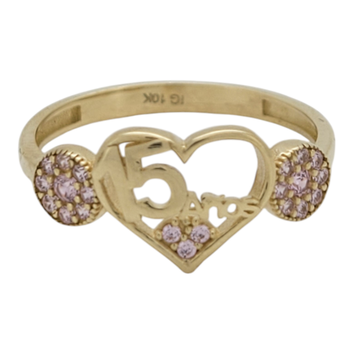 10K gold ring. Quinceañera. Heart with pink CZ stones. Size 7