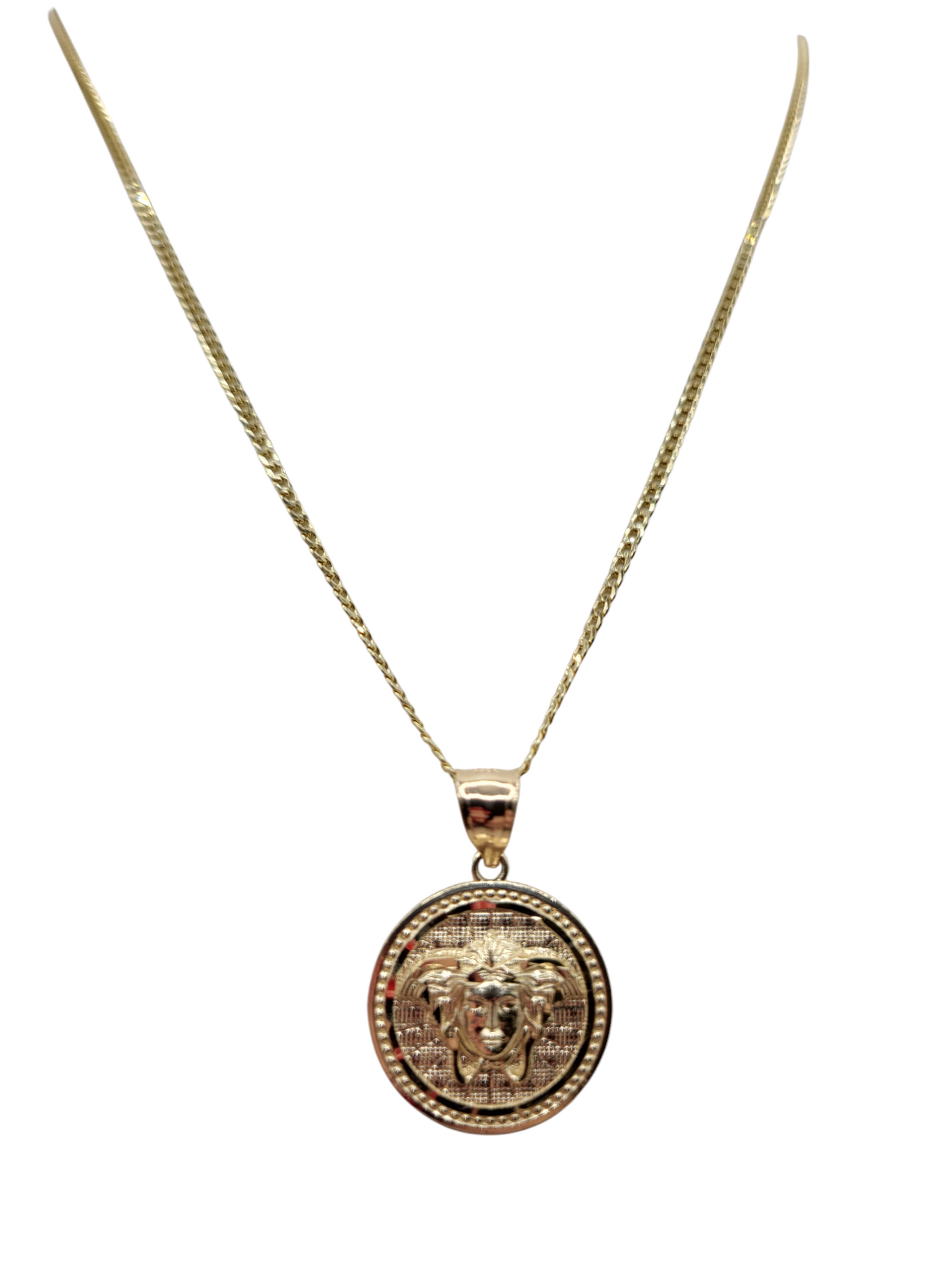10K gold Cuban chain. Medusa pendant. 24 inches. 2 mm.
