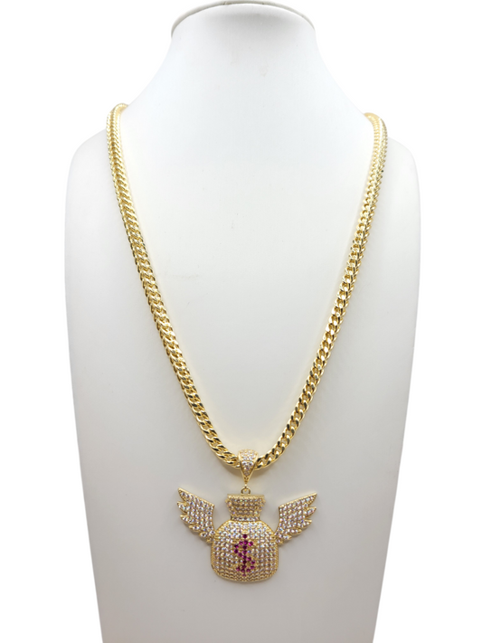 10K Gold Franco Chain. Money Bag Charm. 24in. 4mm.