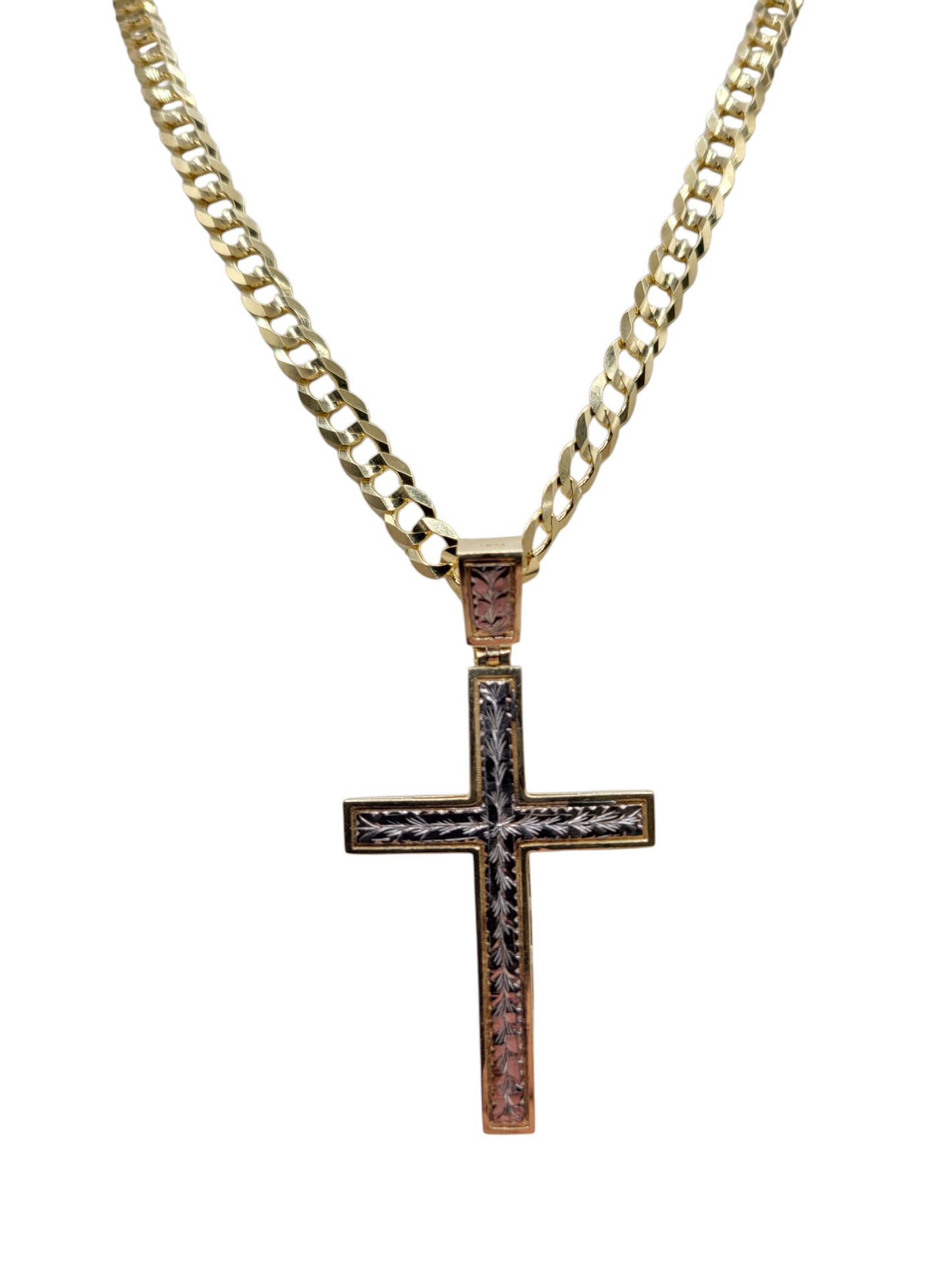14K gold Cuban chain. Cross pendant with white accents. 24 inches. 6 mm.