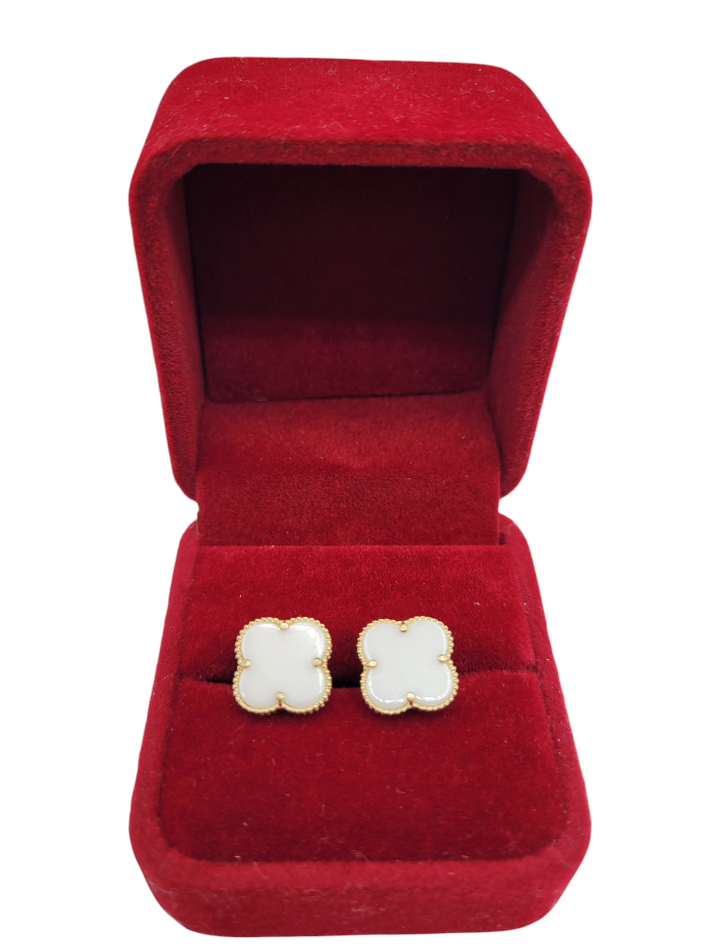 14K gold earrings. White 4-petal flower