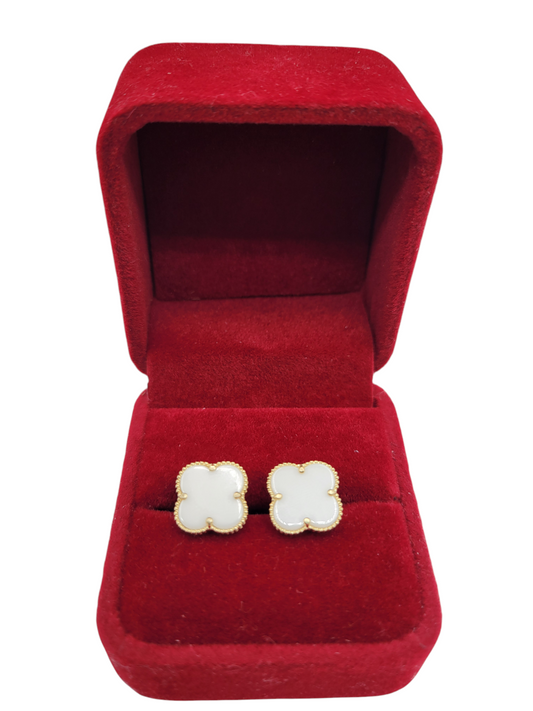 14K gold earrings. White 4-petal flower