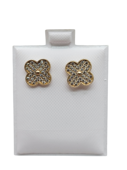 10K gold earrings. Four-petal flower. White CZ stones.