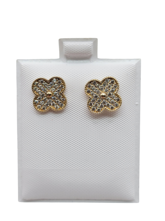10K gold earrings. Four-petal flower. White CZ stones.