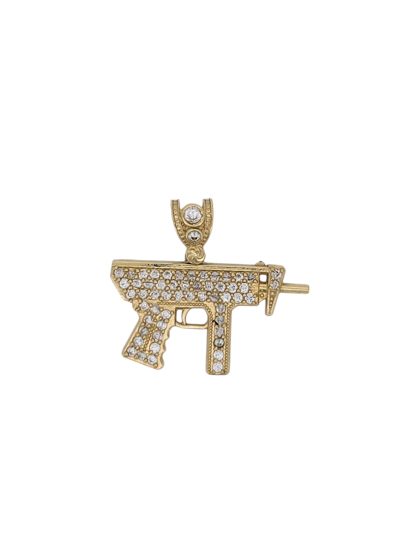 10K gold pendant. Machine gun. CZ stones.