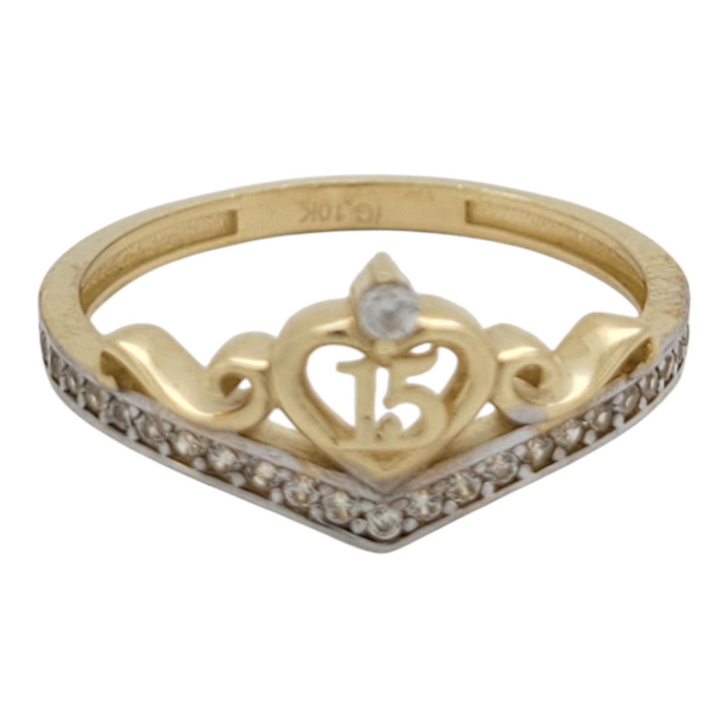 10K gold ring. Quinceañera style. Crown and heart with white CZ stone. Size 6.5