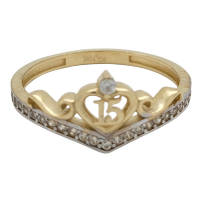 10K gold ring. Quinceañera style. Crown and heart with white CZ stone. Size 6.5