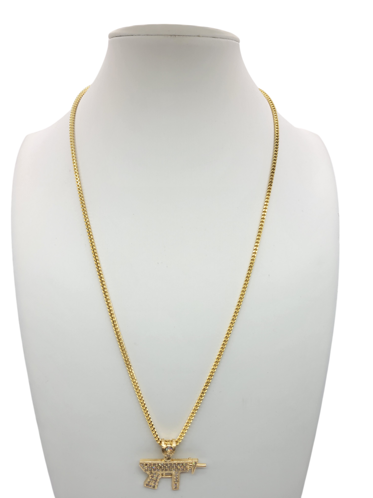 10K Gold Chain. Pistol Pendant with CZ Stone. 22in. 2.5mm