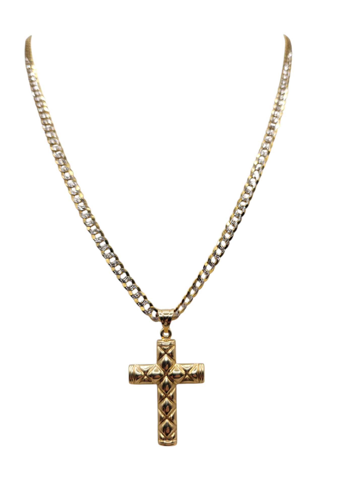 14K gold Cuban chain. Embossed cross pendant. 22 inches. 4 mm.